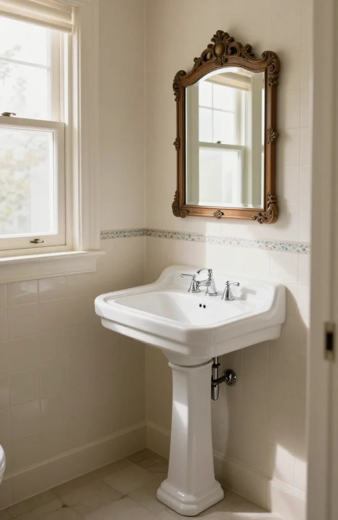 White pedestal corner sink with chrome faucet in modern bathroom