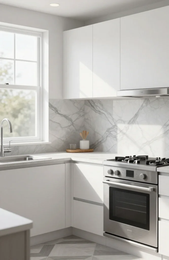 Modern kitchen backsplash with geometric peel-and-stick tiles applied to wall above countertop without removing existing cabi