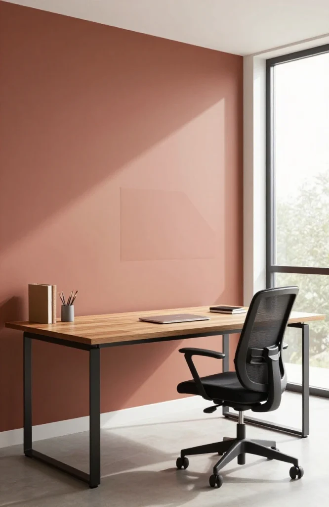 Modern home office with peel and stick wallpaper accent wall in geometric pattern behind wooden desk with monitor and office