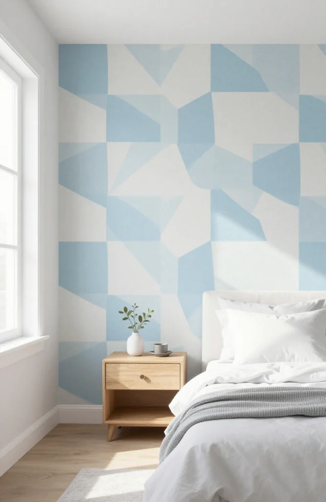 Room wall decorated with colorful peel and stick wallpaper showing removable pattern application