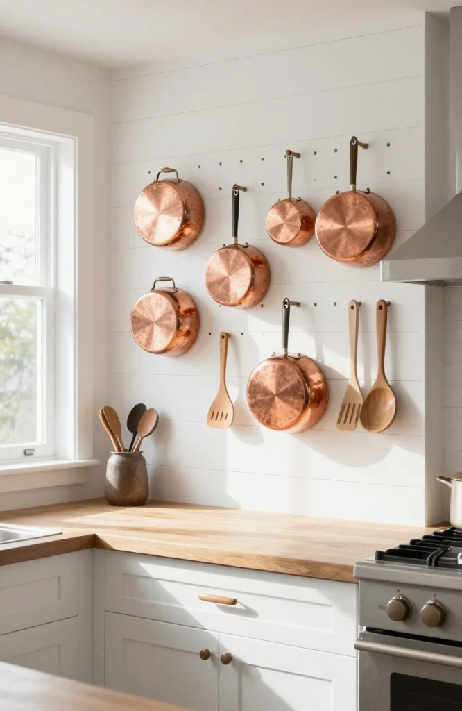 White pegboard wall mounted in kitchen with hanging cooking tools, pans, and utensils for efficient storage