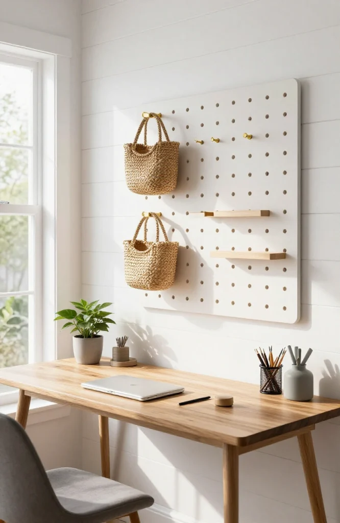 Organized pegboard wall with hooks, baskets, and decorative items displaying storage and wall decor solutions