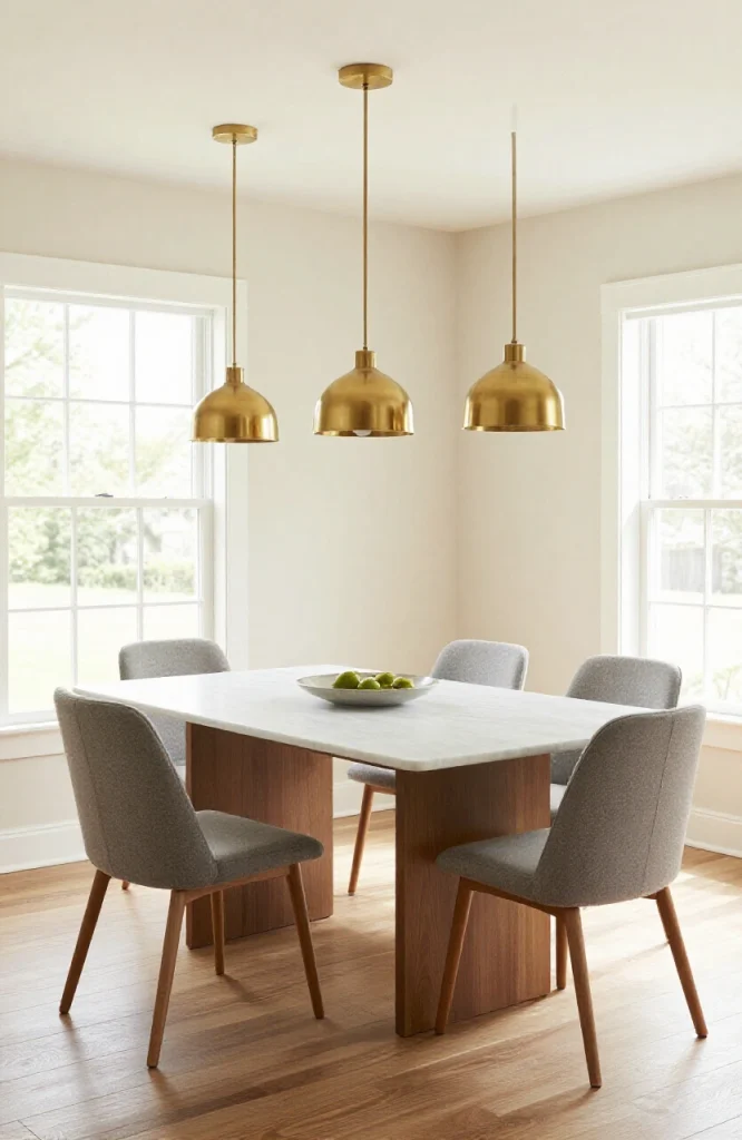 Modern pendant lights hanging above dining table in open floor plan living space with neutral furniture