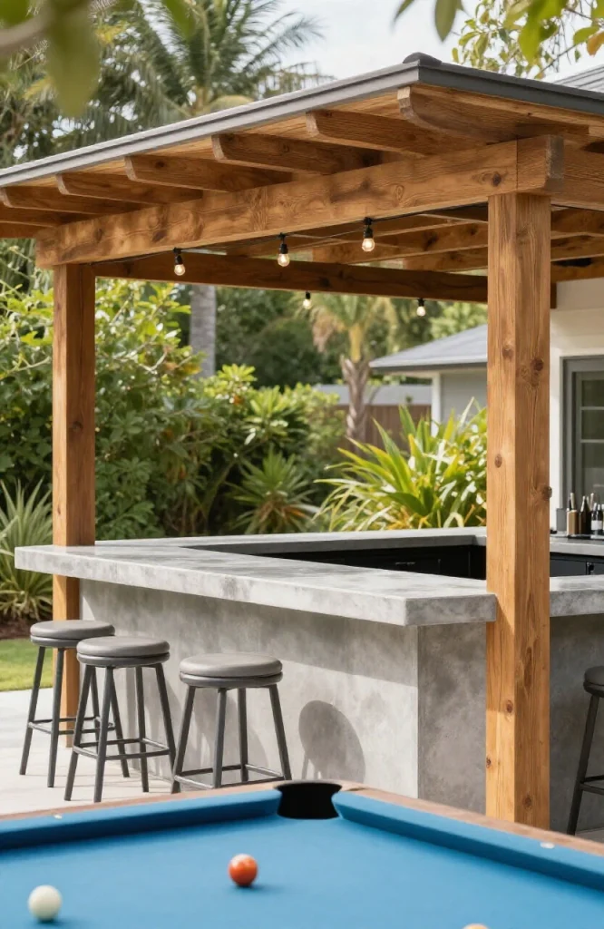 Pergola-covered outdoor pool bar with wooden posts, shade structure, and built-in seating area next to swimming pool