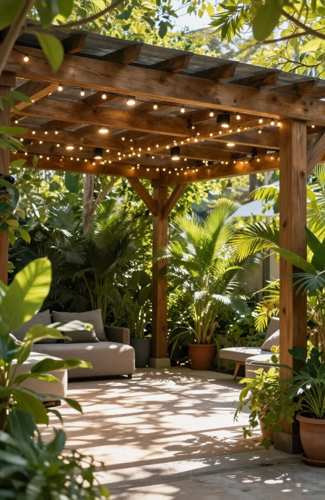 Pergola with multiple layers of string lights and overhead fixtures creating warm ambient lighting in a garden setting