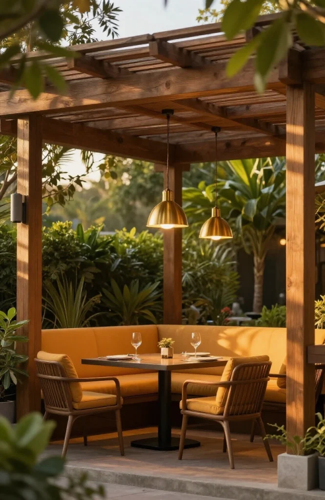 Pergola with hanging pendant lights creating warm illumination over outdoor seating area at dusk