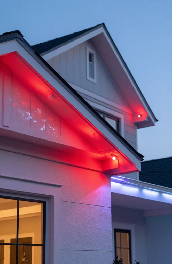 Permanent programmable LED eave lights installed along roofline of house displaying holiday color patterns