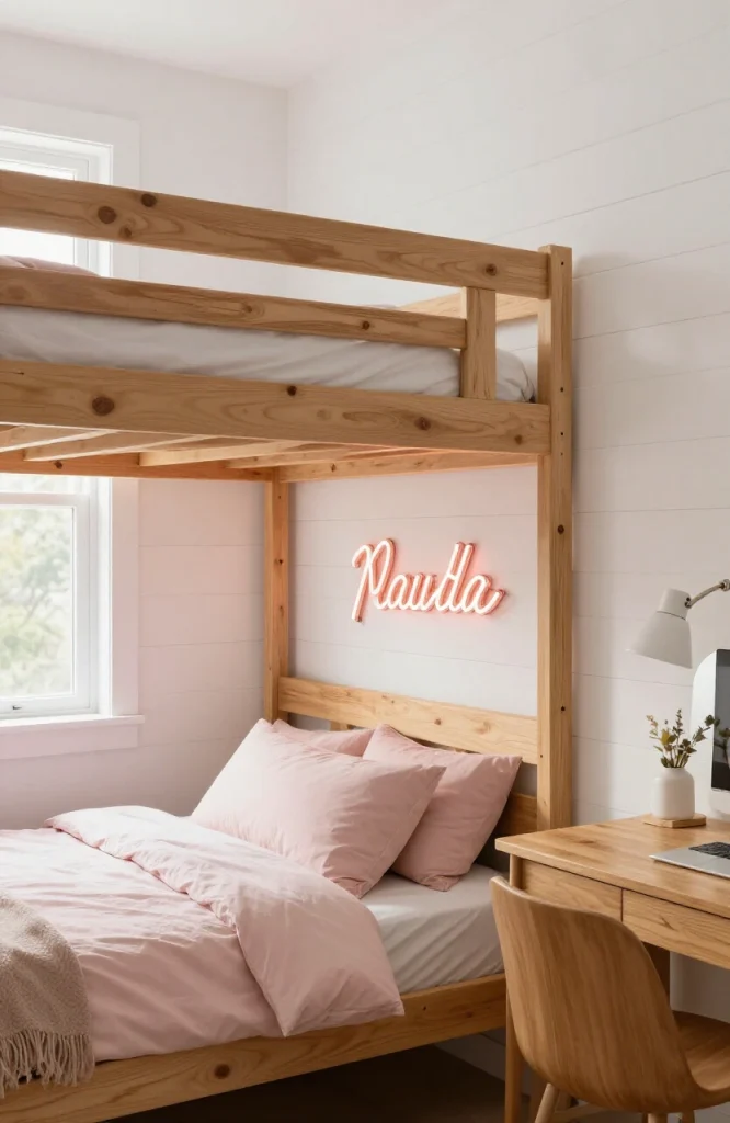 Wooden name sign with gold letters displayed on dorm room shelf above desk with plants and photos