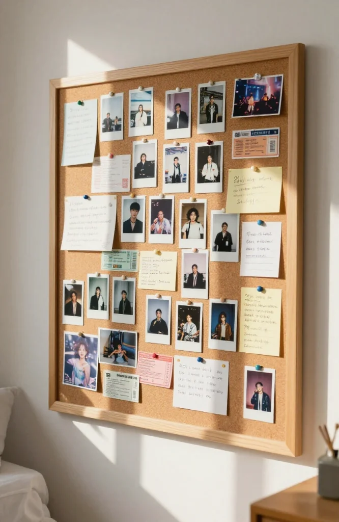 Corkboard wall with pinned photos arranged in collage pattern for Y2K bedroom aesthetic decoration