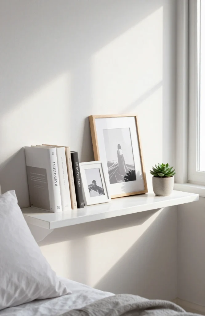 White picture ledge mounted on wall displaying books and decorative objects in compact room