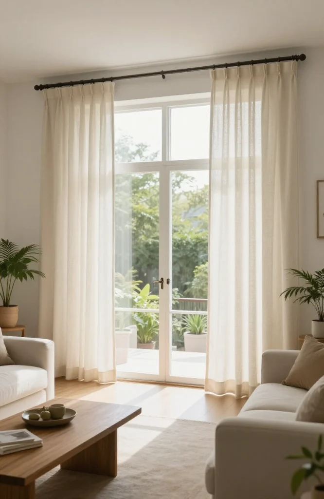 Modern living room with large picture window dressed in flowing neutral curtains creating elegant window treatment