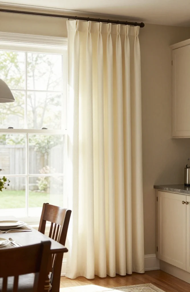 Elegant pinch pleat curtains hanging on a kitchen window with natural light filtering through the fabric