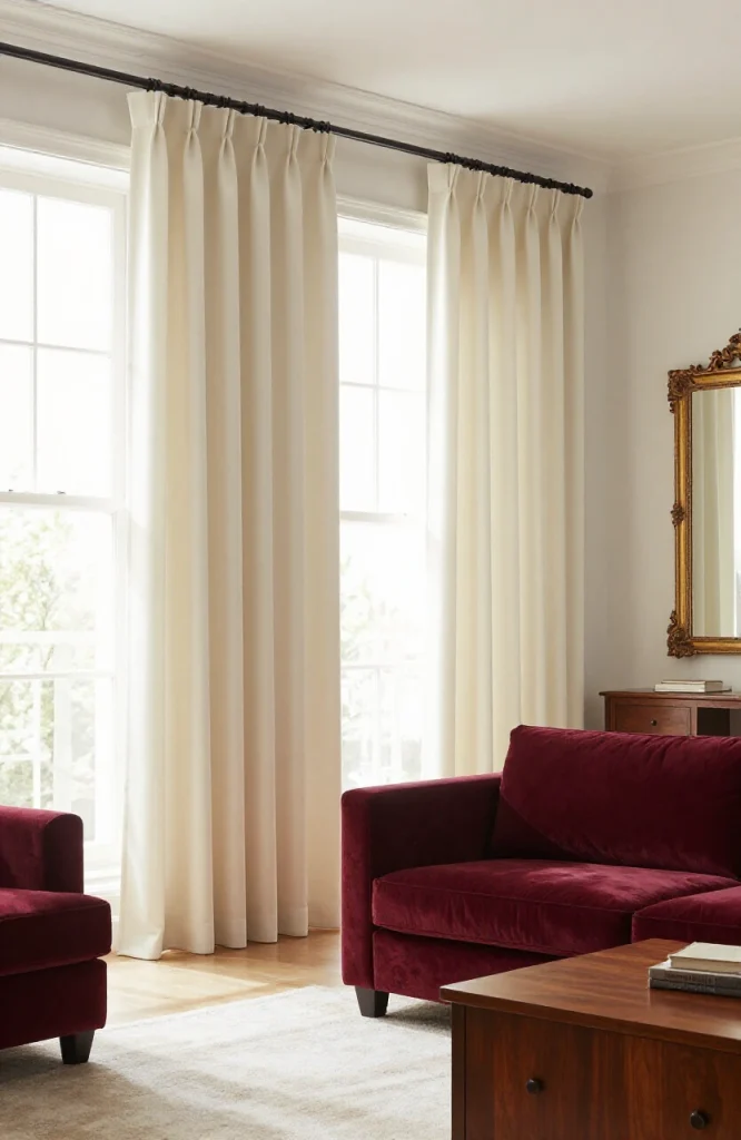 Elegant pinch pleat curtains with structured folds hanging from a window in a formal living room setting