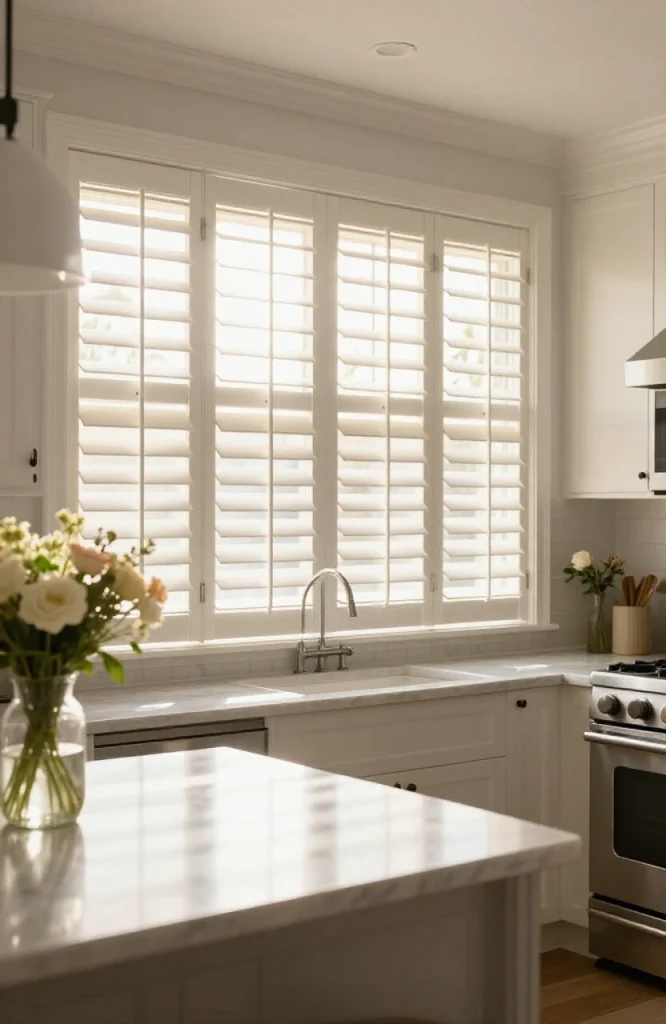 White plantation shutters installed on kitchen window with adjustable louvers for light control and privacy