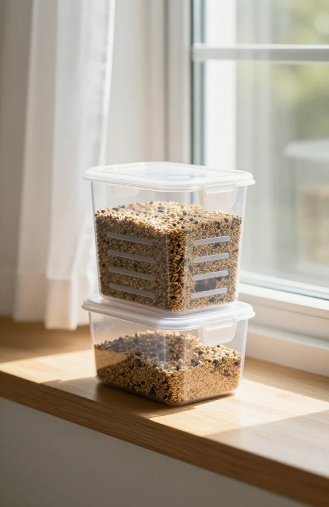 Homemade bird feeder made from a clear plastic container with drainage holes and wooden perches for small birds
