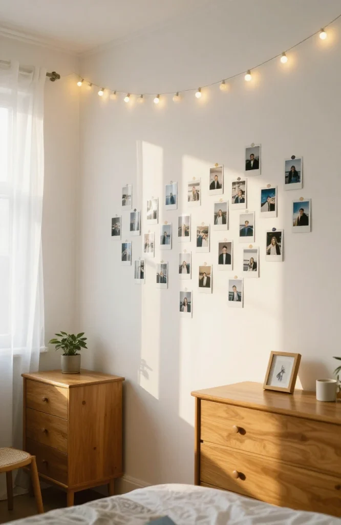 Y2K bedroom wall decorated with scattered Polaroid instant photos pinned and taped in casual arrangement creating nostalgic 2