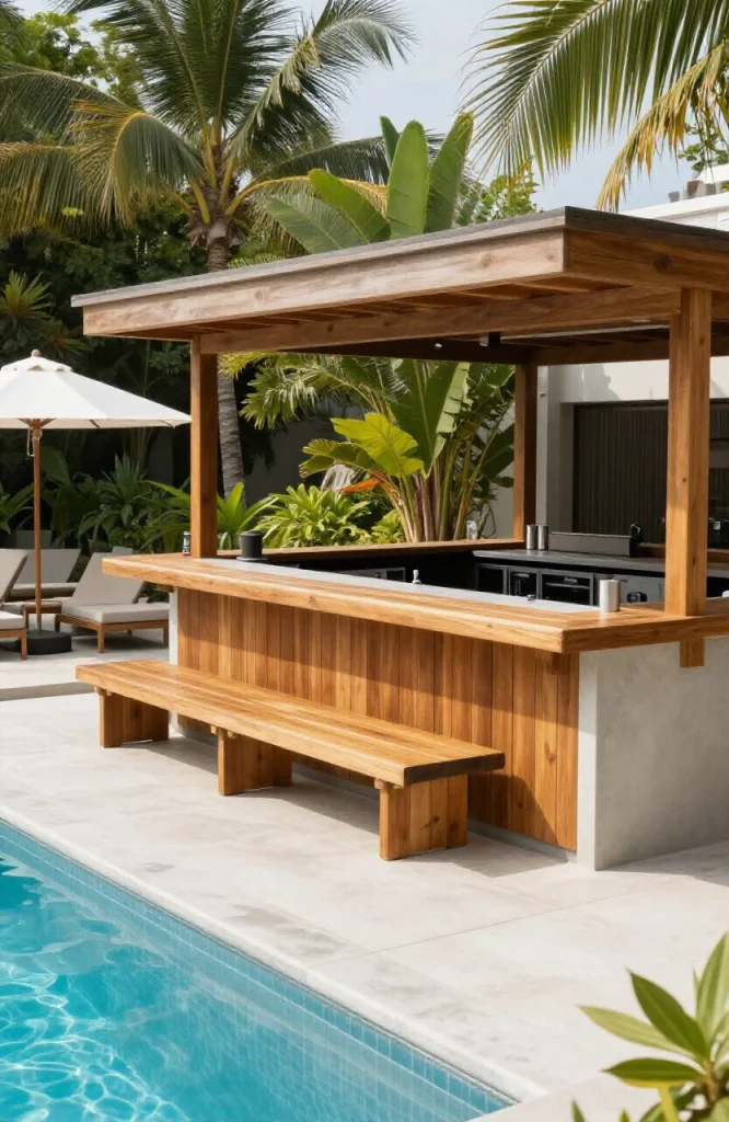 Wooden pool deck bar with built-in bench seating facing the swimming pool and patio area