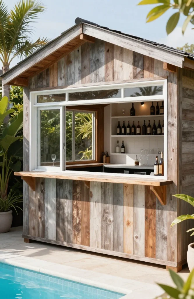 Wooden pool house bar shed with counter seating, storage shelves, and tropical bar setup next to swimming pool