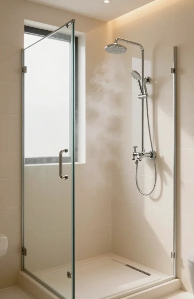 Luxurious steam shower with polished porcelain tile flooring and walls in neutral tones
