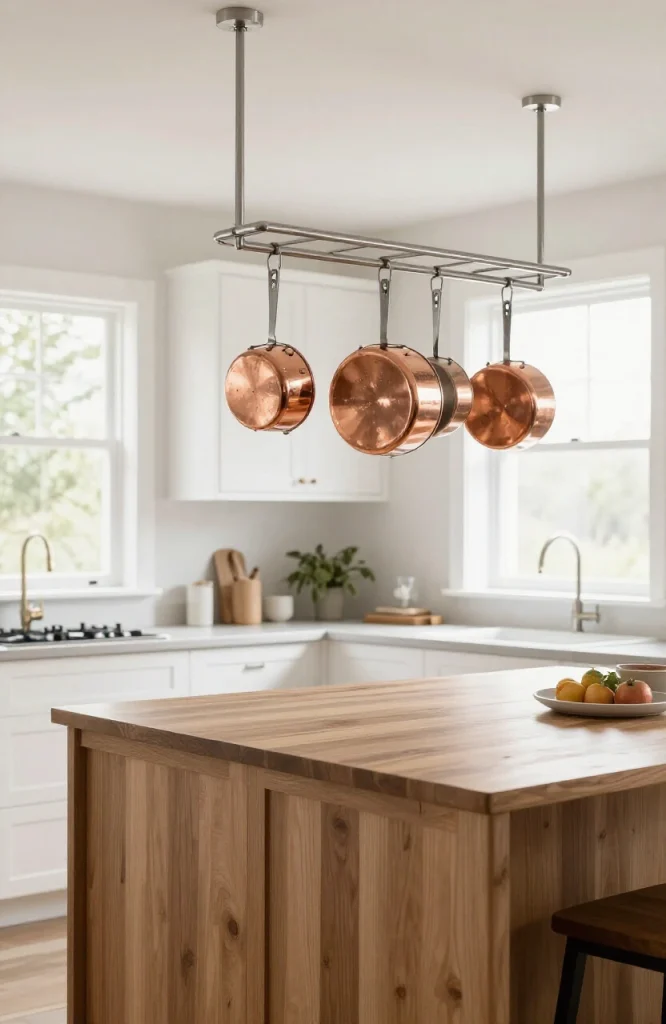 Stainless steel pot rack mounted above kitchen island with hanging cookware and utensils