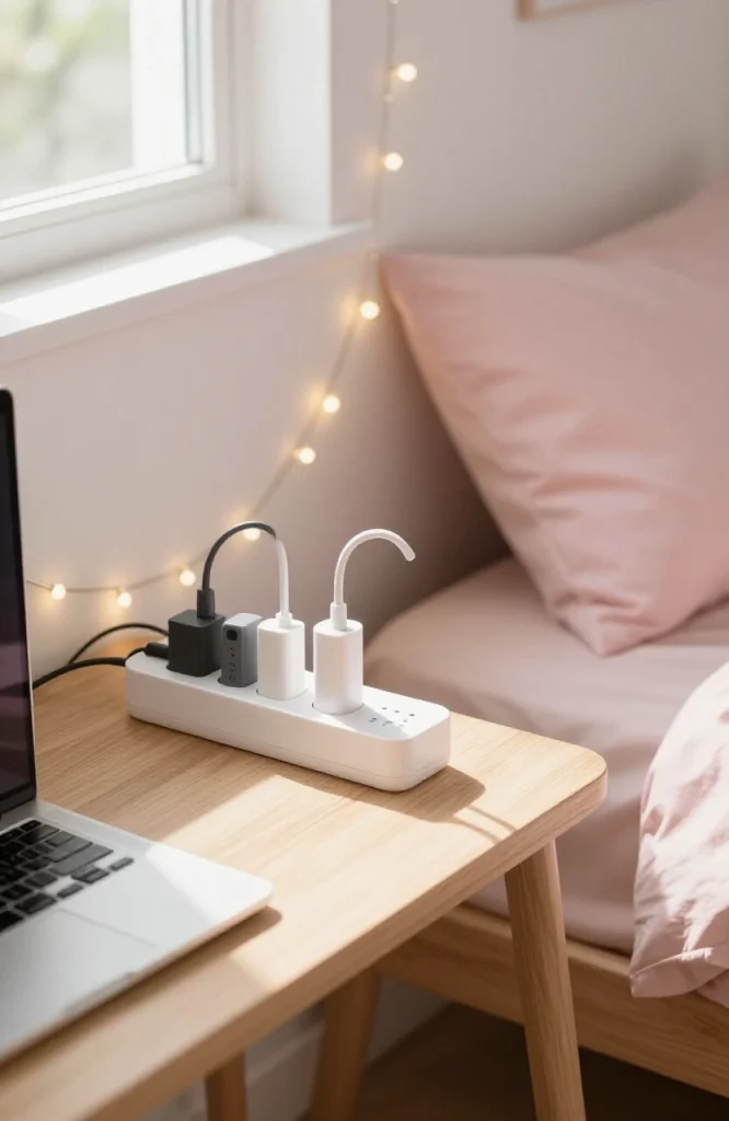 White surge protector power strip mounted on dorm room wall next to desk organizing multiple electronic device cables