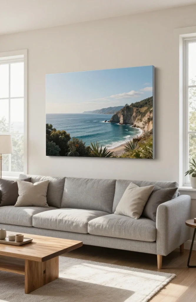 Gallery wall displaying large format canvas prints and printed artwork as alternative wall decoration without paint