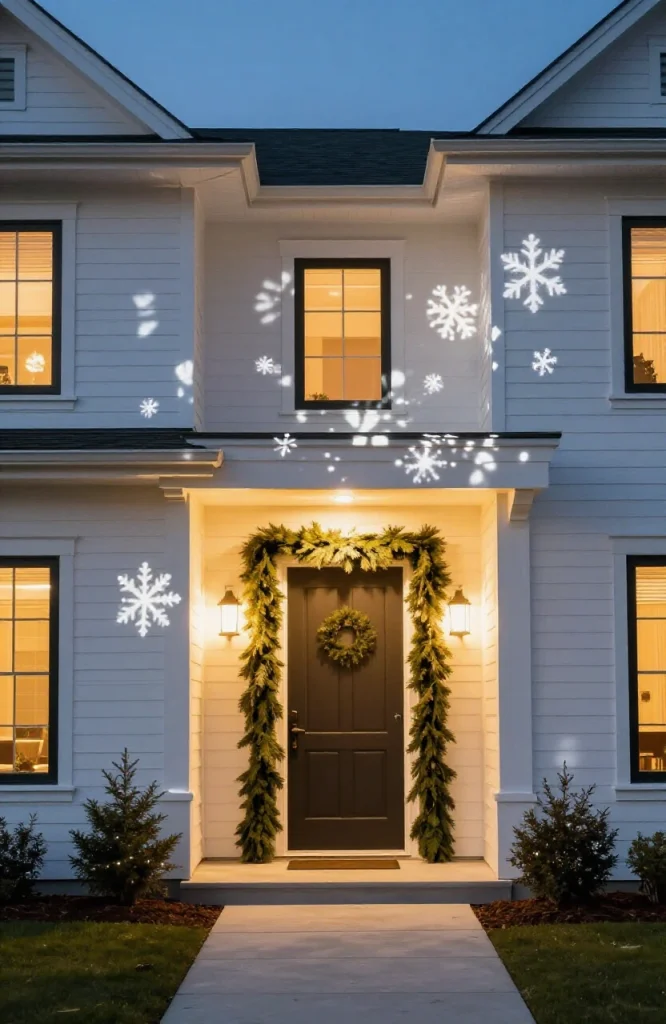Holiday projector light casting festive patterns and designs across white house exterior and landscaping