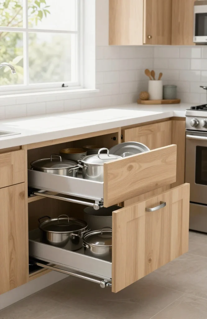 Pull-out drawer organizer installed inside an existing kitchen cabinet showing storage compartments