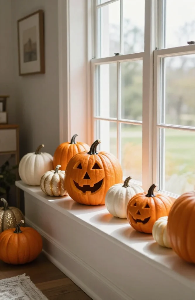 Clustered orange and white pumpkins arranged on a window sill for Halloween decoration