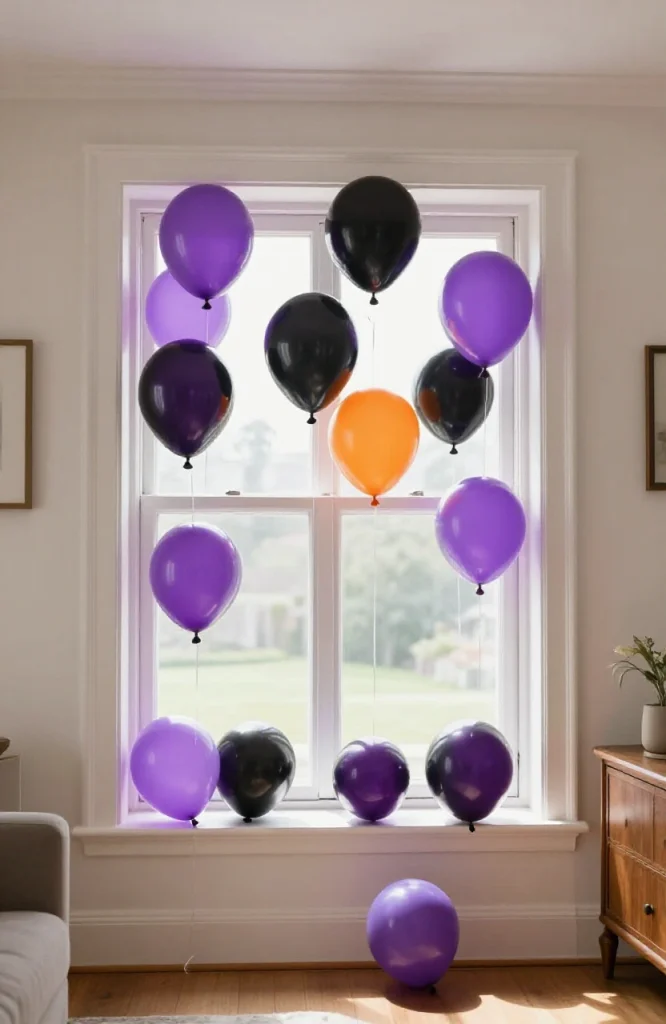 Purple and black balloons clustered in a window for Halloween decoration with elegant arrangement
