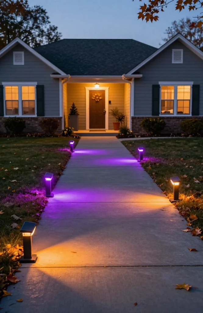 Purple and orange solar-powered path lights lining a Halloween walkway at dusk