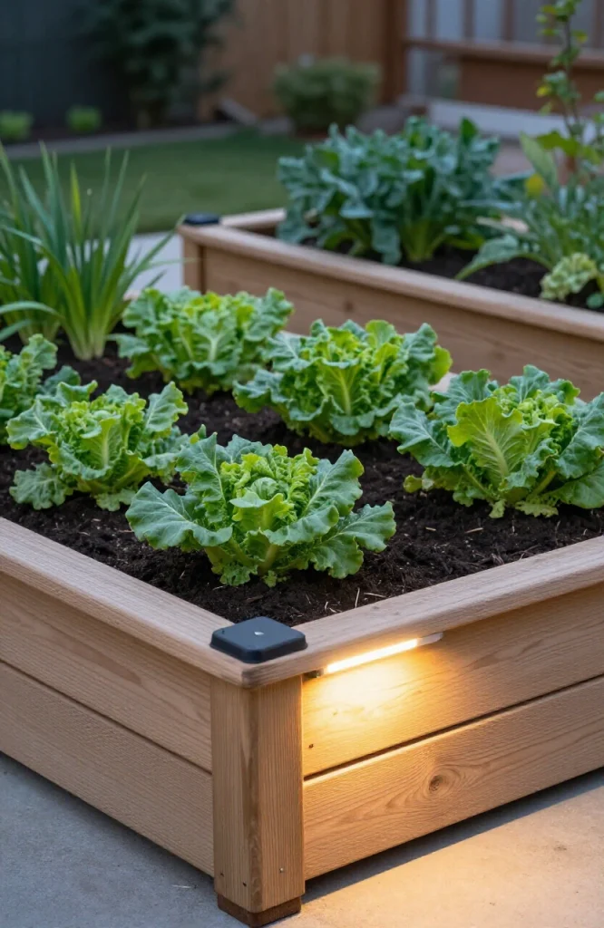 Illuminated raised garden bed with vegetables lit by warm LED lights for safe evening harvesting and accessibility