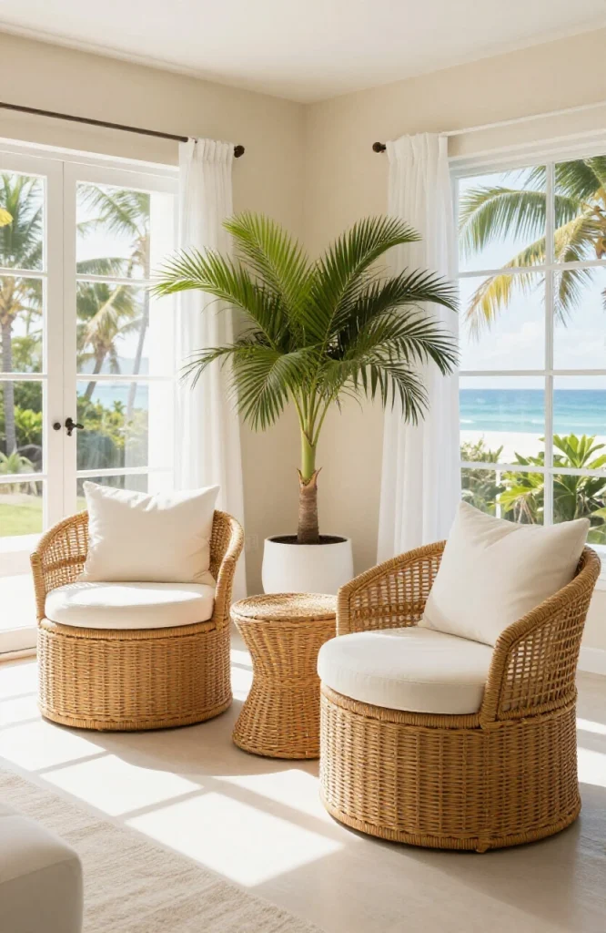 Modern living room featuring natural rattan and wicker accent chairs arranged around a wooden table with tropical plants and