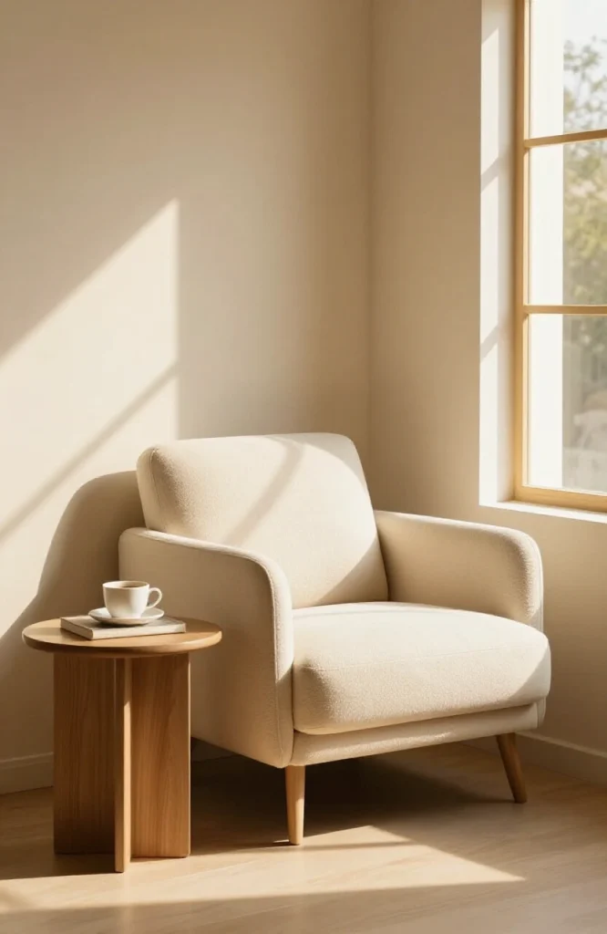 Cozy reading nook featuring a single armchair with a side table and natural light from window in modern living room