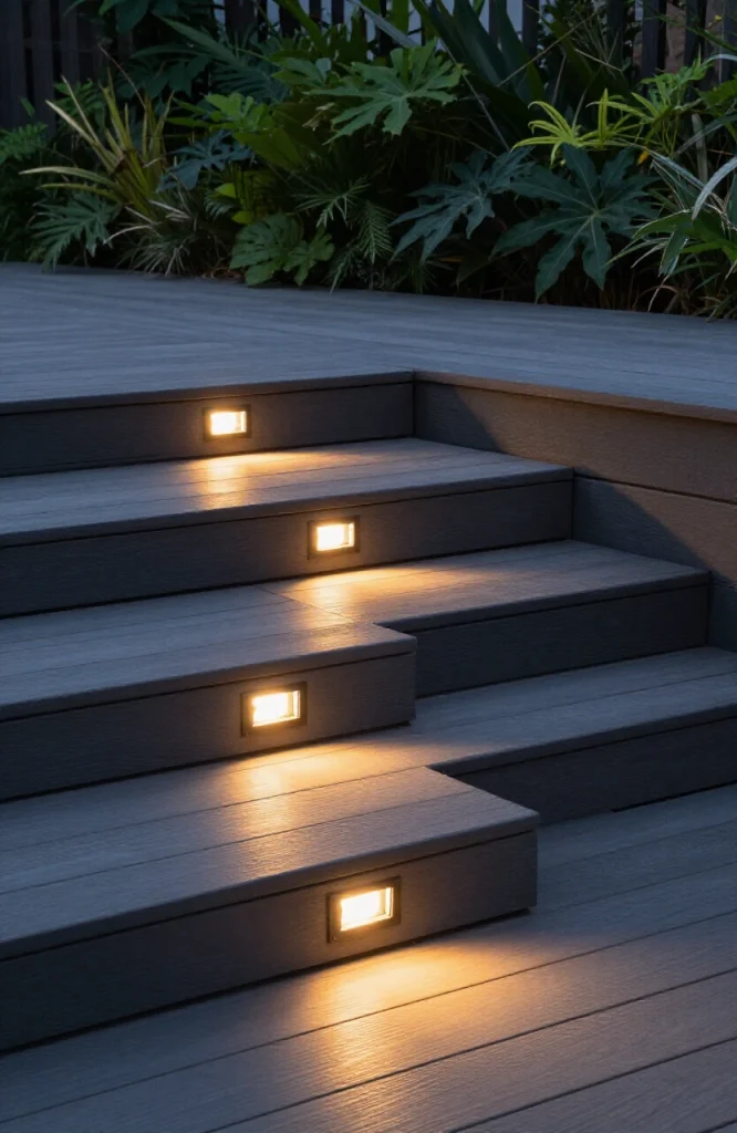 Recessed deck lights installed in wooden steps along an outdoor staircase at dusk