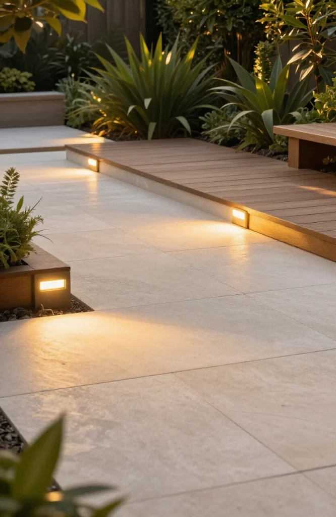 Recessed ground lights installed flush in stone paving creating ambient pathway illumination at night