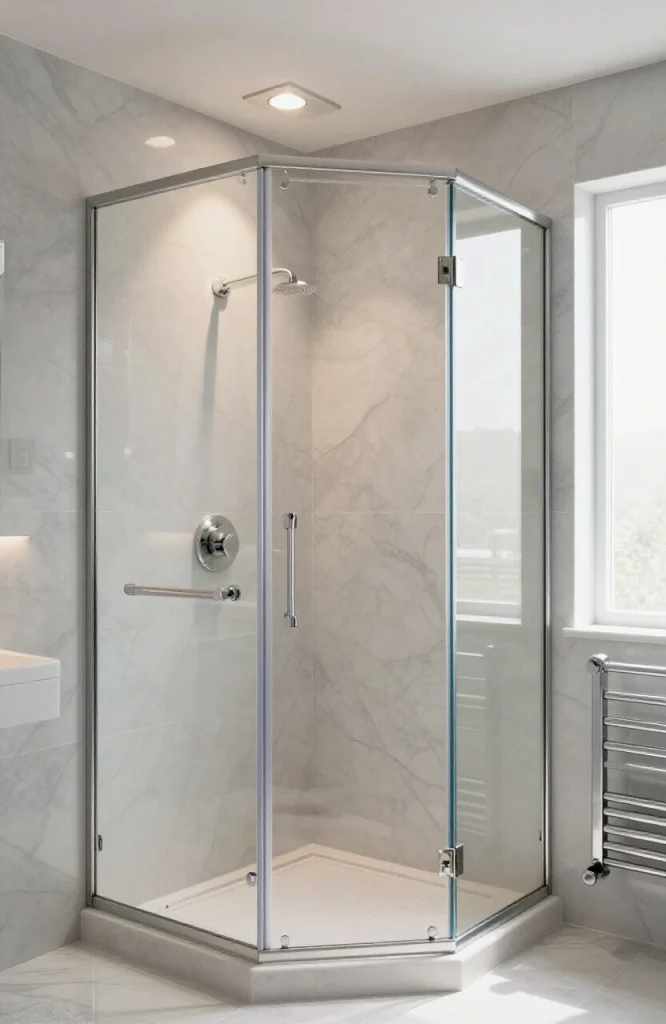 Recessed waterproof LED lights installed in steam shower ceiling providing ambient spa lighting