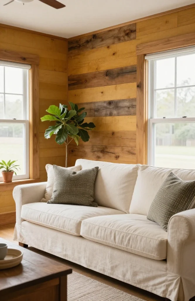 Reclaimed wood planks installed on wall creating textured rustic accent backdrop