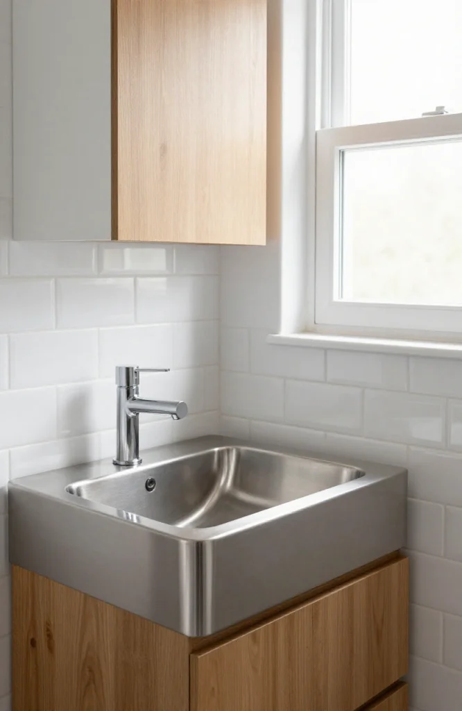 Rectangular corner sink installed at an angle in a modern kitchen with white cabinetry and marble countertop