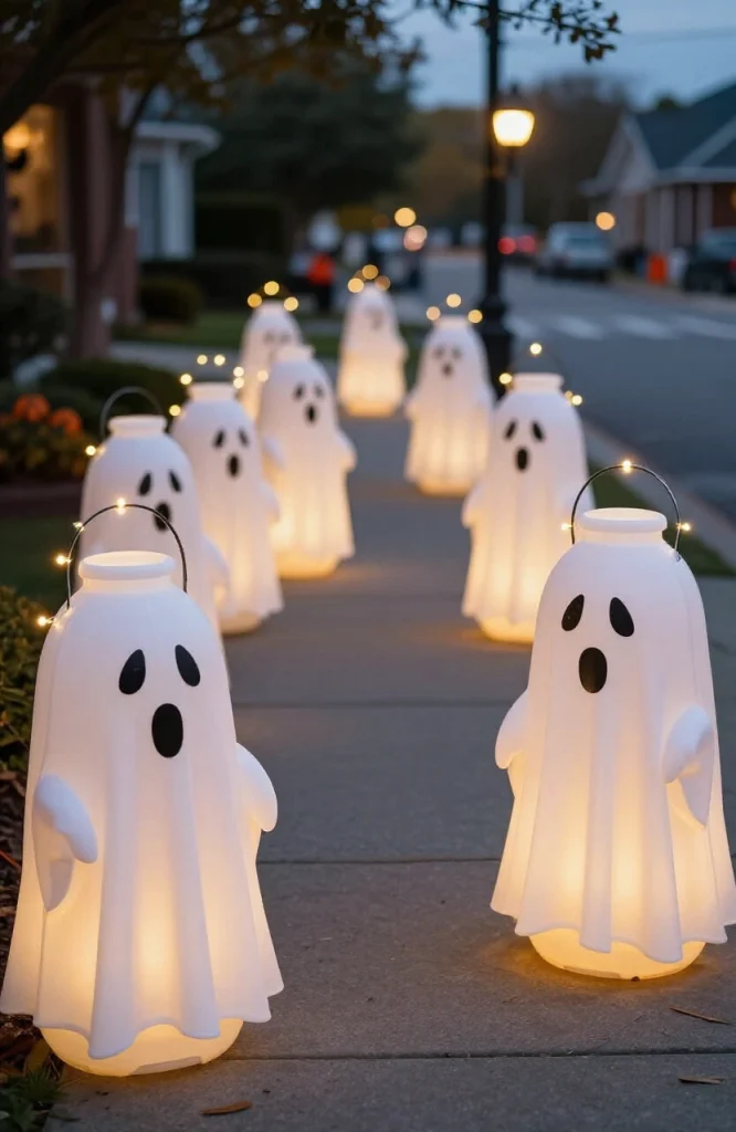 White milk jug ghost decorations with glowing lights lining a dark Halloween walkway