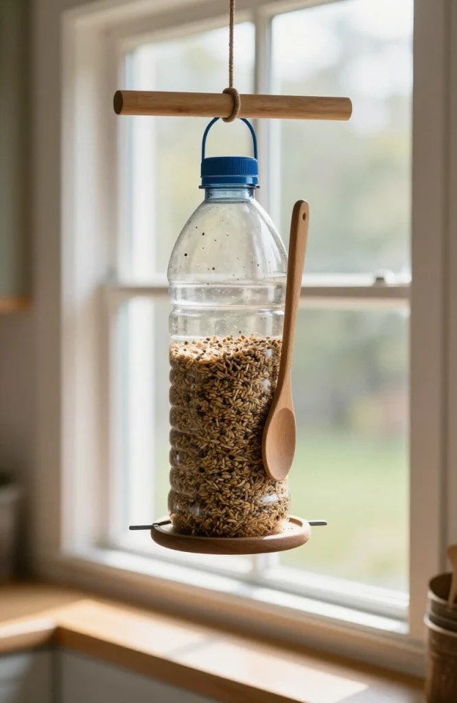 Recycled plastic bottle bird feeder hanging from a tree branch with small perches and birdseed