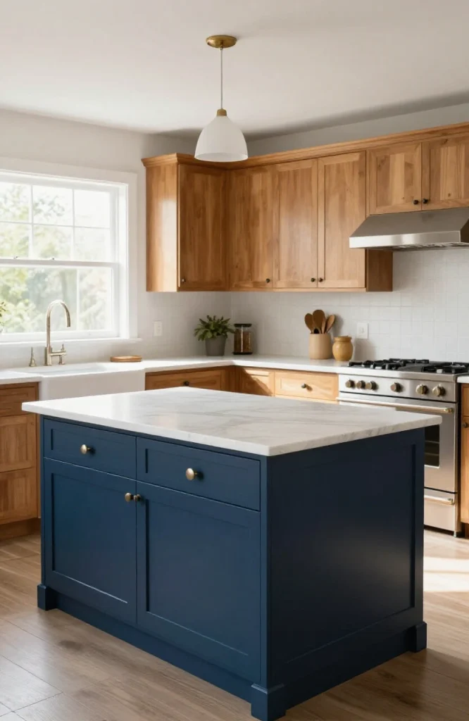 Updated kitchen island with new countertop, hardware, and lighting fixtures while original cabinets remain