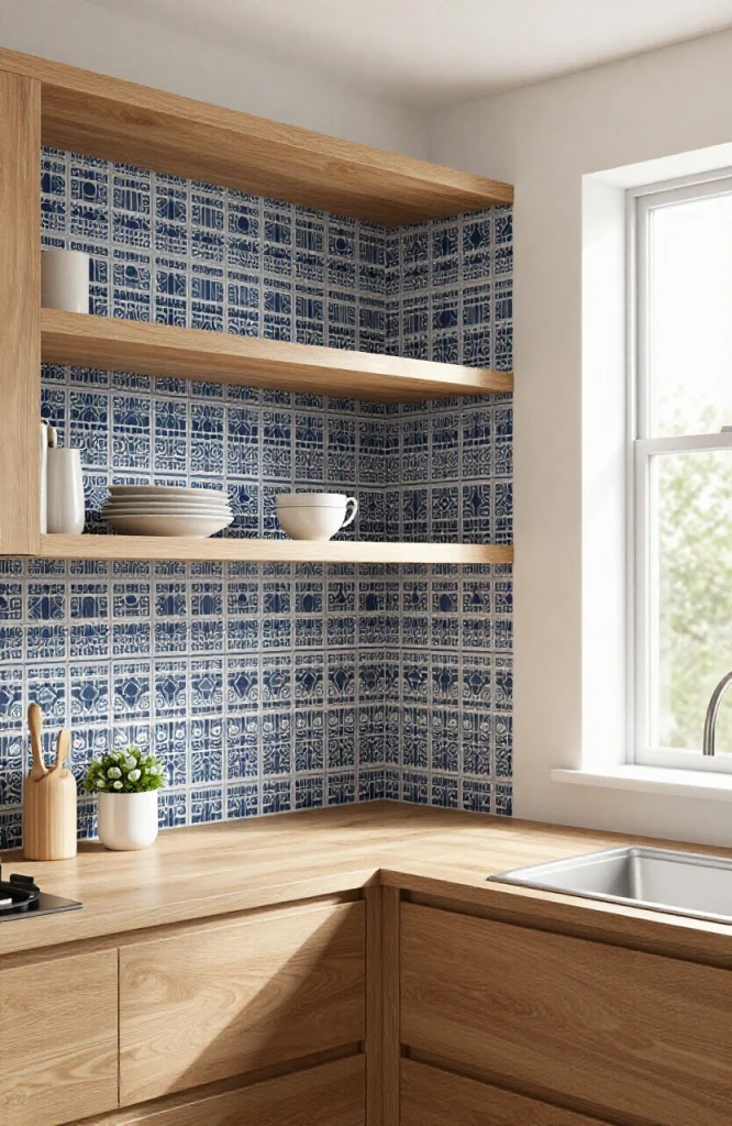Kitchen wall decorated with removable peel-and-stick wallpaper in geometric pattern above white subway tile backsplash