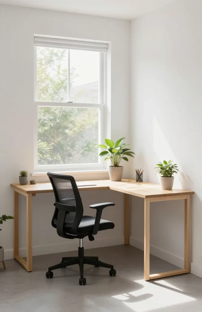 Corner home office desk setup with monitor, keyboard, and organized shelving in apartment space
