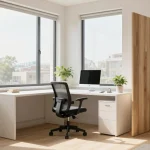 Modern home office setup with desk, chair, and shelving arranged against white wall without drilling or wall damage