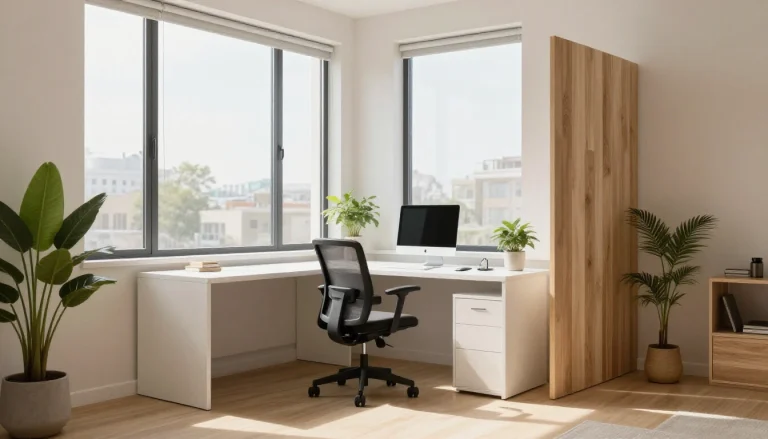 Modern home office setup with desk, chair, and shelving arranged against white wall without drilling or wall damage