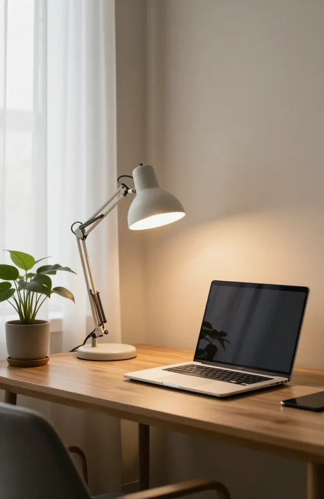 Modern home office with table lamp, floor lamp, and natural window light providing bright workspace without electrical modifi
