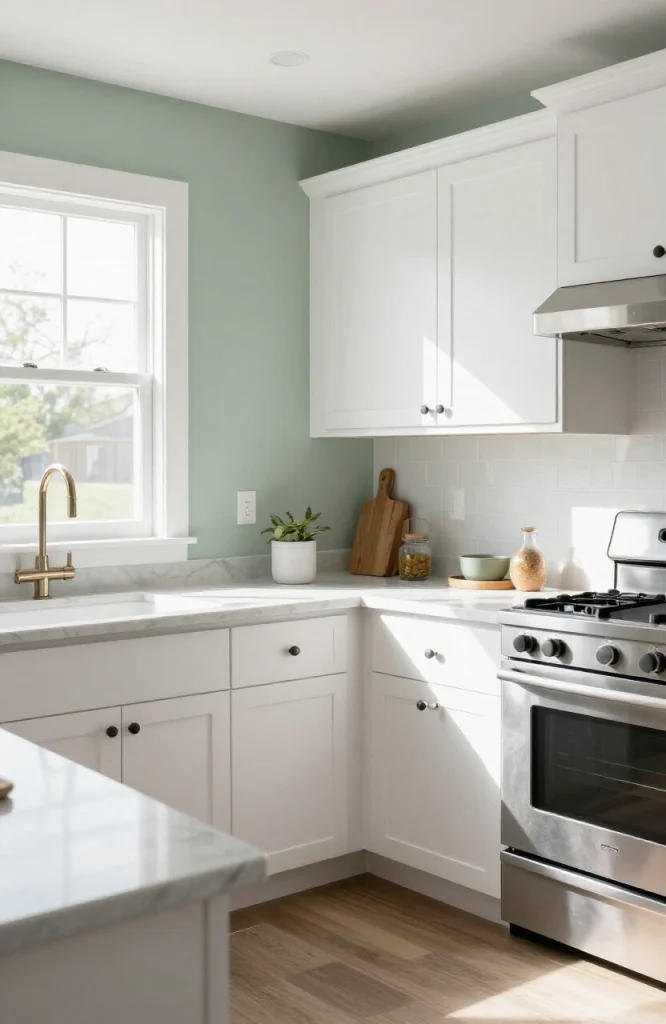 Kitchen with freshly painted walls in soft gray tone complementing wood cabinets and countertops