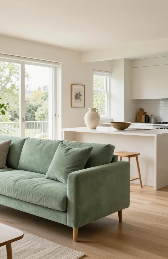 Open floor plan living space with repeated teal accent colors on furniture and decor across different functional zones