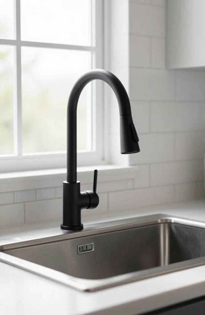 Modern stainless steel kitchen faucet installed in sink with updated hardware and countertop